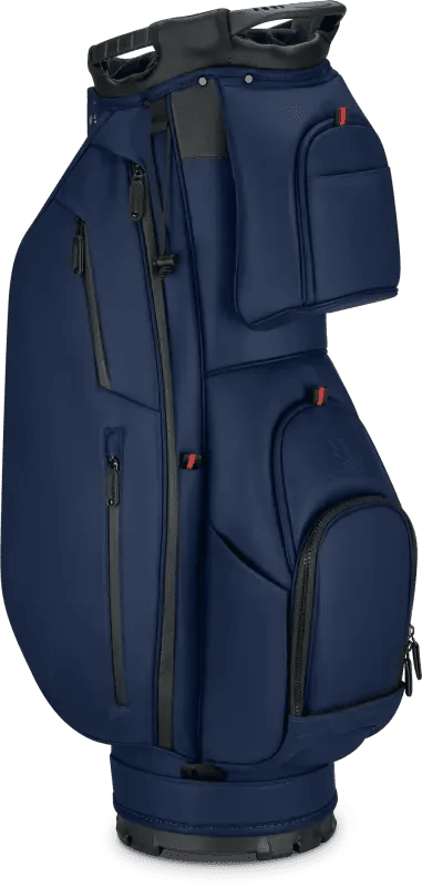 Marineblaues Big Max Dri Lite Prime Cartbag mit mehreren Taschen und praktischen Reißverschlüssen.