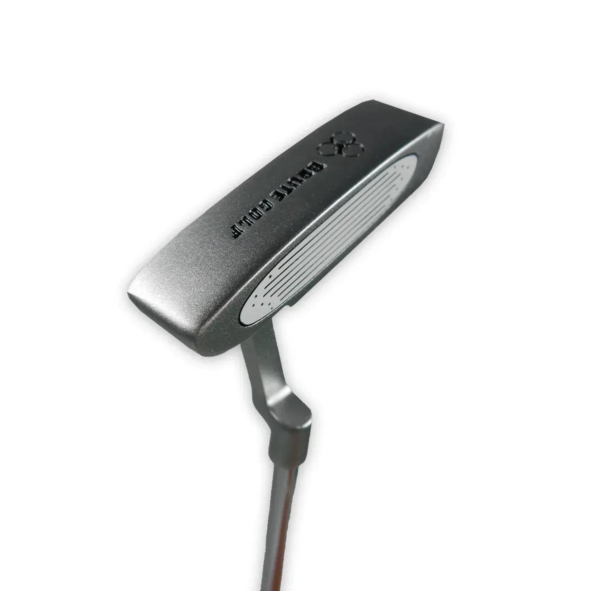 Silberner Golf-Putter mit schwarzem Griff und strukturierter Schlagfläche, moderner Stil.