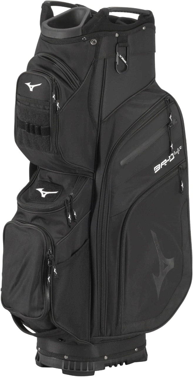 Schwarzes Mizuno Cartbag BR-D4 Golfbag mit mehreren Taschen und weißen Logos, robustes Design.