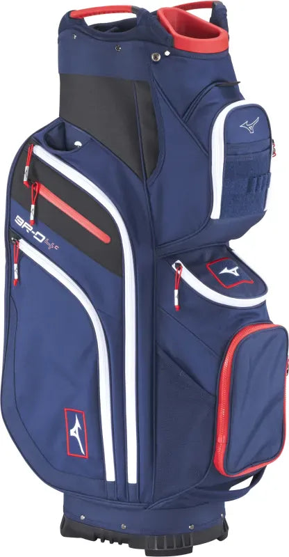 Mizuno Cartbag BR-D4 in Navy mit roten und weißen Reißverschlüssen und mehreren Taschen.