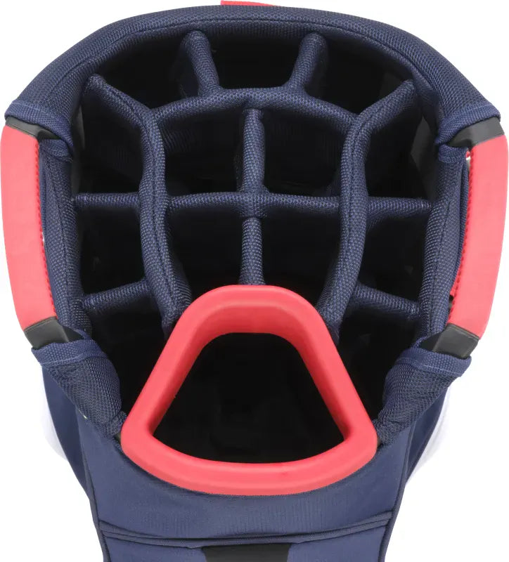 Golf-Cartbag Mizuno BR-D4 in Marineblau mit roten Akzenten und gepolsterten Fächern.