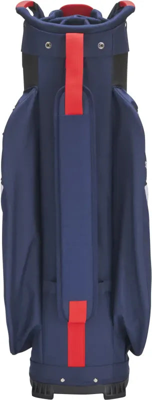 Navyblaues Mizuno Cartbag mit roten Akzenten und mehreren großen Außentaschen.