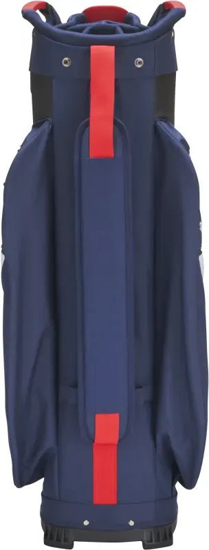 Navyblaues Mizuno Cartbag mit roten Akzenten und mehreren großen Außentaschen.