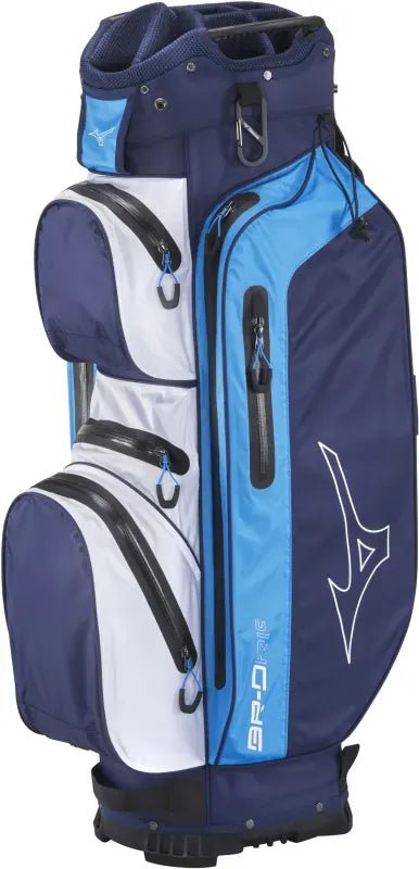 Navyblau-hellblaues Mizuno BR-DRI Cartbag mit mehreren Reißverschlusstaschen und Mizuno-Logo in Weiß.