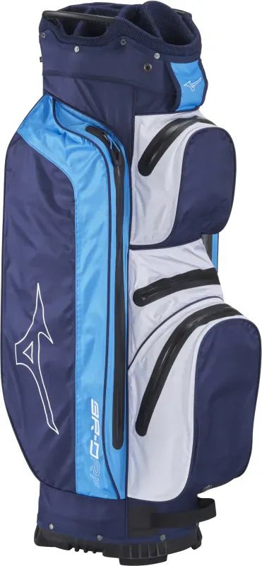 Golfcartbag Mizuno BR-DRI 2025 in Navy und Blau mit mehreren Reißverschlusstaschen und großem Logo.
