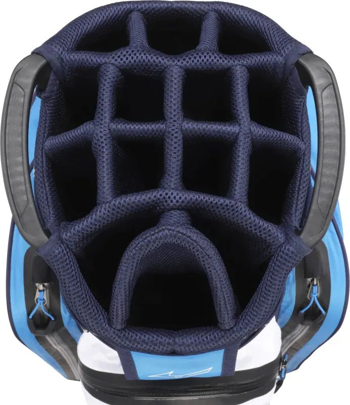 Navyblaues Mizuno BR-DRI Cartbag mit 14-geteiltem Schlägerfach und seitlichen Griffen.