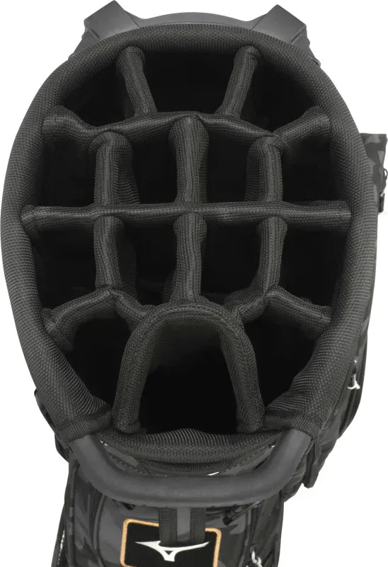 Schwarzes Mizuno BR-DX Golf-Standbag mit 14-fächrigem Top-Organizer und kupferfarbenen Akzenten.