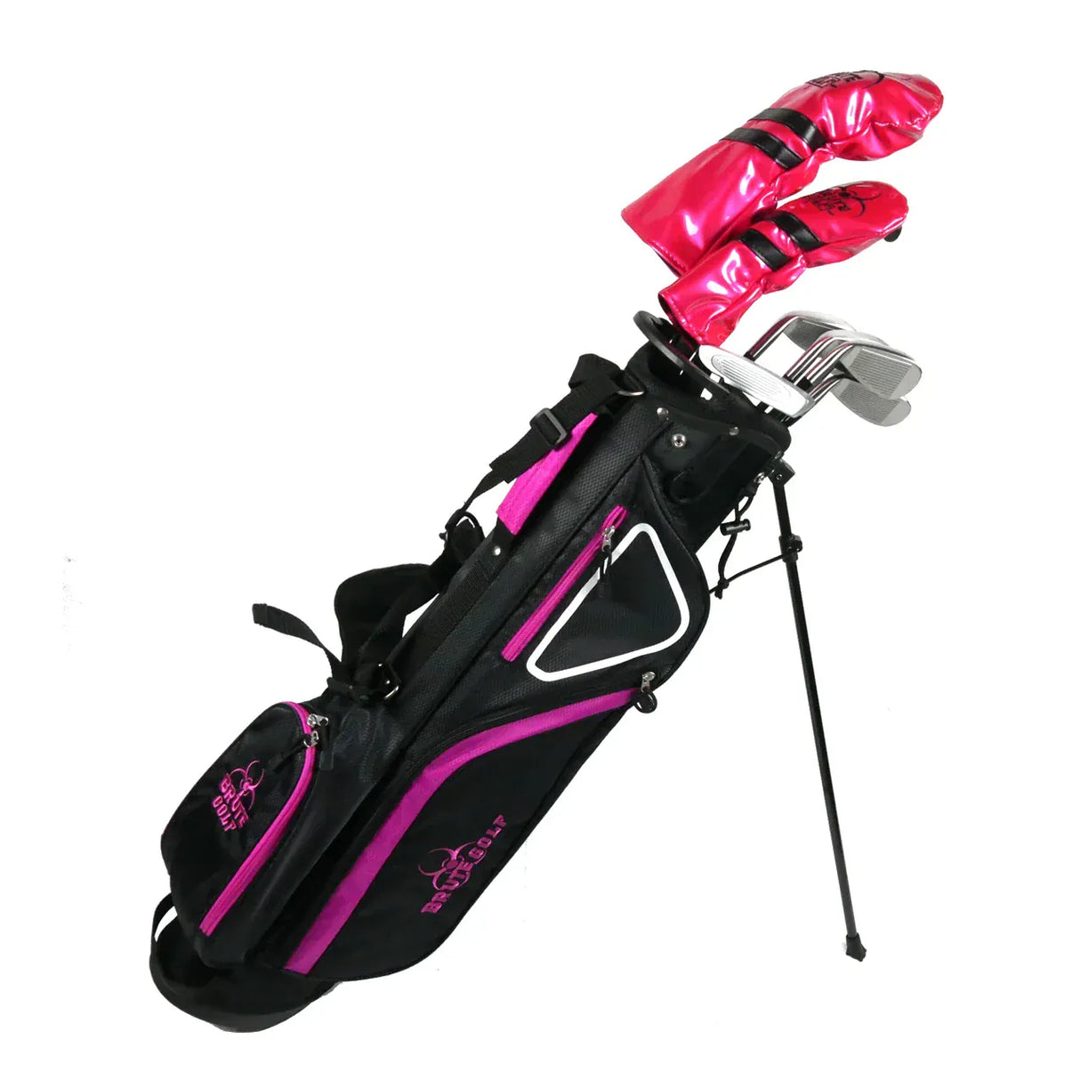 Pink-schwarzes Golftasche-Set mit Ständer und silbernen Golfschlägern, pinke Schlägerhauben.
