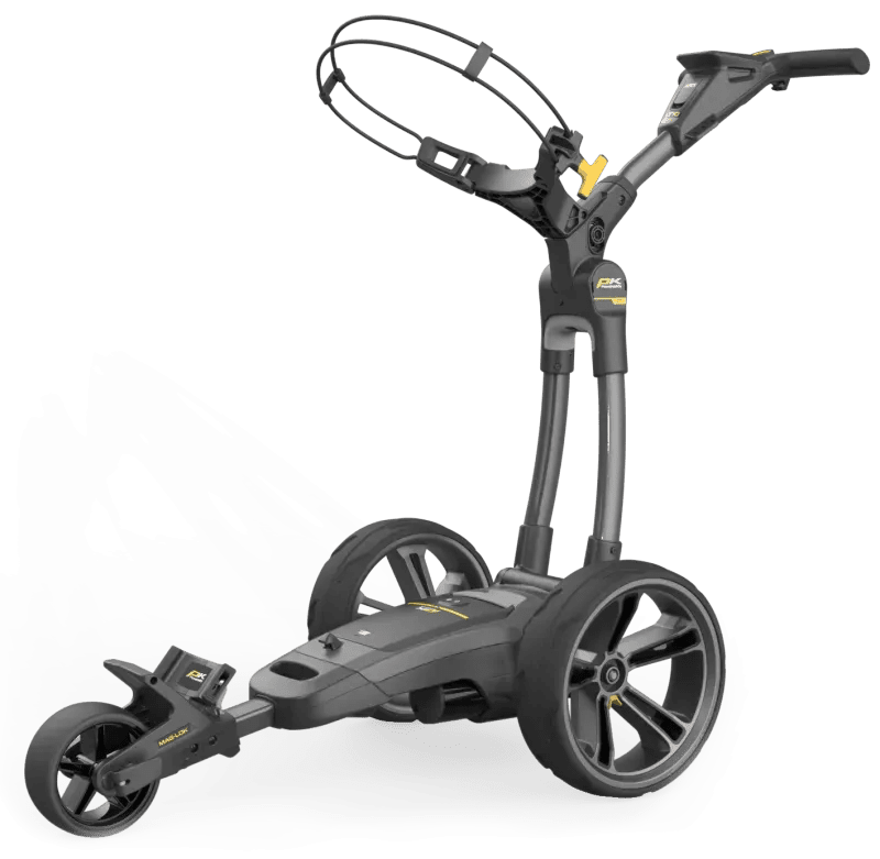 Schwarzer elektrischer Golftrolley CT10 GPS EBS XL mit drei Rädern und integriertem GPS-Display.