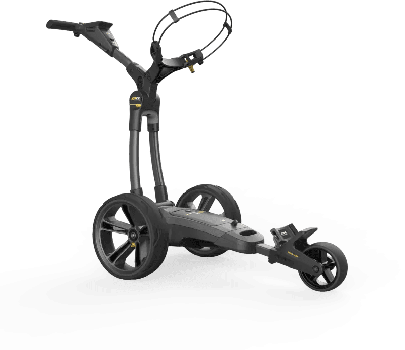 Schwarzer elektrischer Golftrolley CT10 GPS EBS XL mit drei Rädern und integrierter Akkuhalterung.