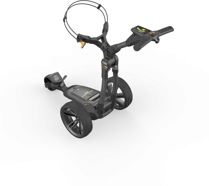 Schwarzer elektrischer Golftrolley CT10 GPS EBS XL mit Lithium-Akku und integriertem Display.