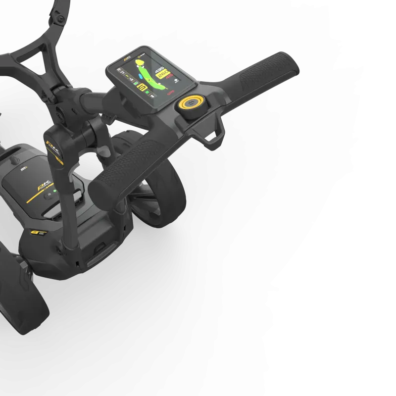 Elektrischer Golftrolley CT10 GPS EBS XL Li-Ion mit LCD-Display und ergonomischem Griff in Schwarz und Gelb.