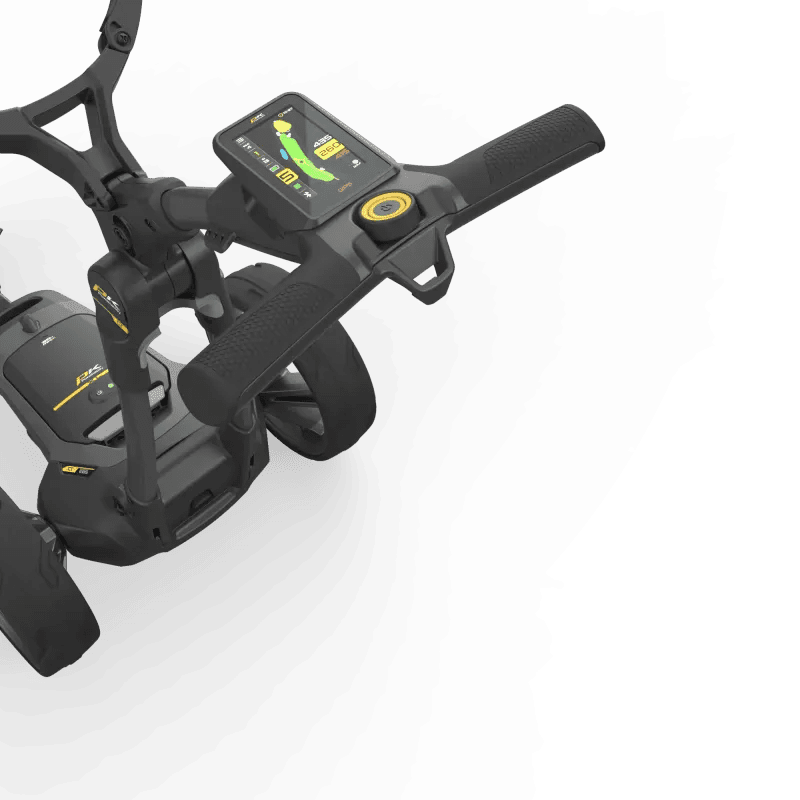 Elektrischer Golftrolley CT10 GPS EBS XL Li-Ion mit LCD-Display und ergonomischem Griff in Schwarz und Gelb.
