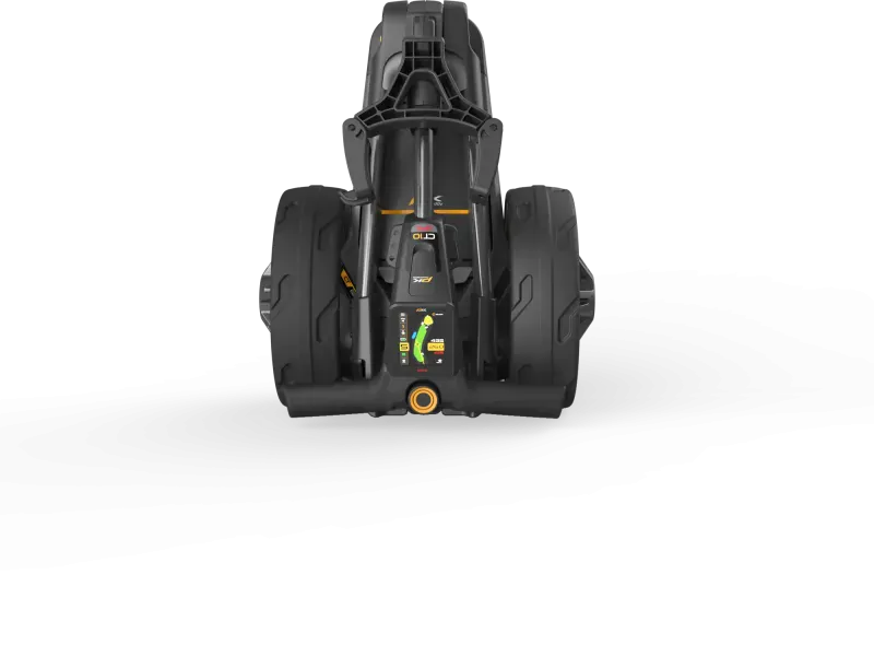 Schwarzer elektrischer Golftrolley CT10 mit GPS und Lithium-Akku, inkl. Zubehörtasche und Display.