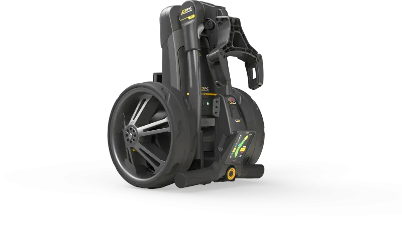 Elektrischer Golftrolley CT10 GPS EBS XL Lithium schwarz mit großen Rädern und Zubehörhalterungen.