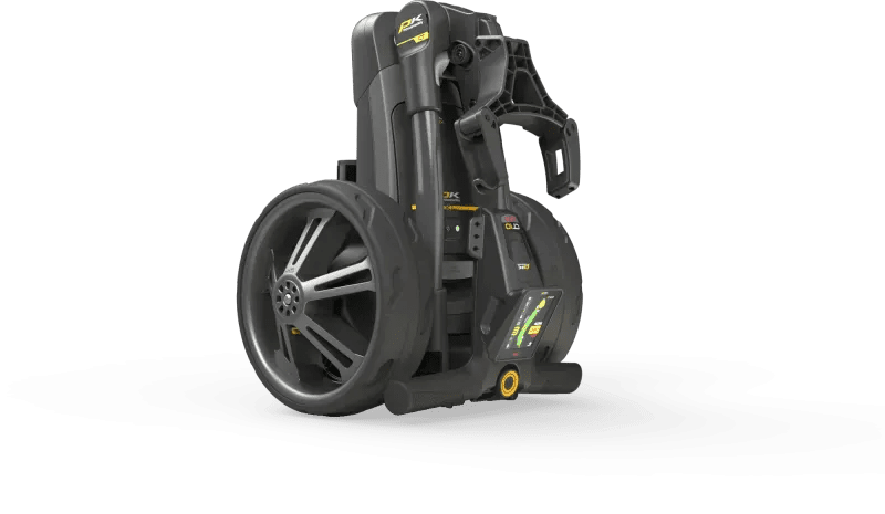 Elektrischer Golftrolley CT10 GPS EBS XL Lithium schwarz mit großen Rädern und Zubehörhalterungen.
