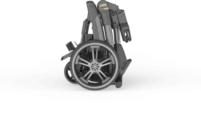 Kompakter schwarzer elektrischer Golftrolley mit silbernen Rädern und integriertem Griff.