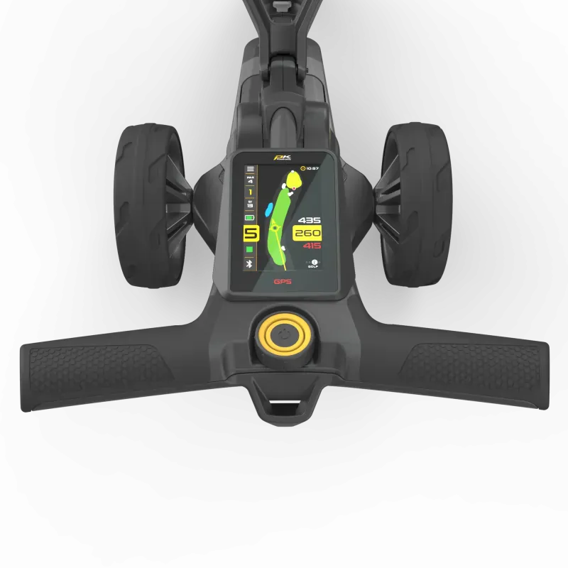 Schwarzer Golftrolley-Controller mit farbigem GPS-Display und zwei großen Reifen.