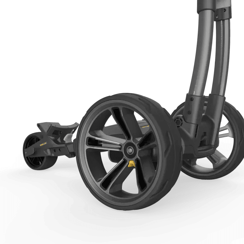 Schwarzer Golf Trolley mit großen schwarzen Rädern und silbernen Speichen aus robustem Material.