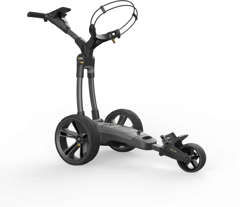 Schwarzer elektrischer Golftrolley CT12 GPS EBS XL mit zwei großen Rädern und stabilem Rahmen.