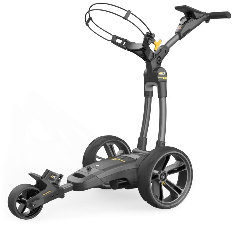 Schwarzer elektrischer Golftrolley CT12 GPS EBS XL mit großem Display und klappbarem Griff.