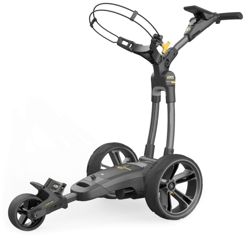 Schwarzer elektrischer Golftrolley CT12 GPS EBS XL mit großem Display und klappbarem Griff.