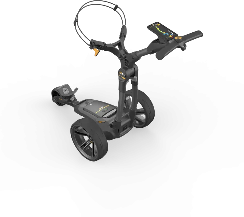 Schwarzer elektrischer Golf-Trolley mit großem Display und zwei großen Rädern, modernes Design.