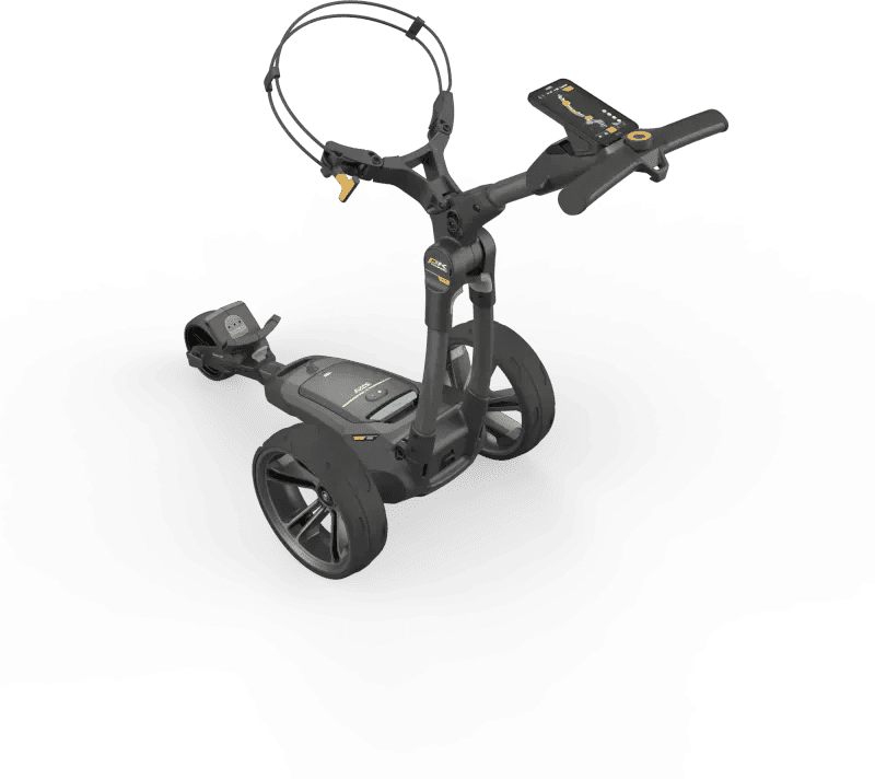 Schwarzer elektrischer Golf-Trolley mit großem Display und zwei großen Rädern, modernes Design.