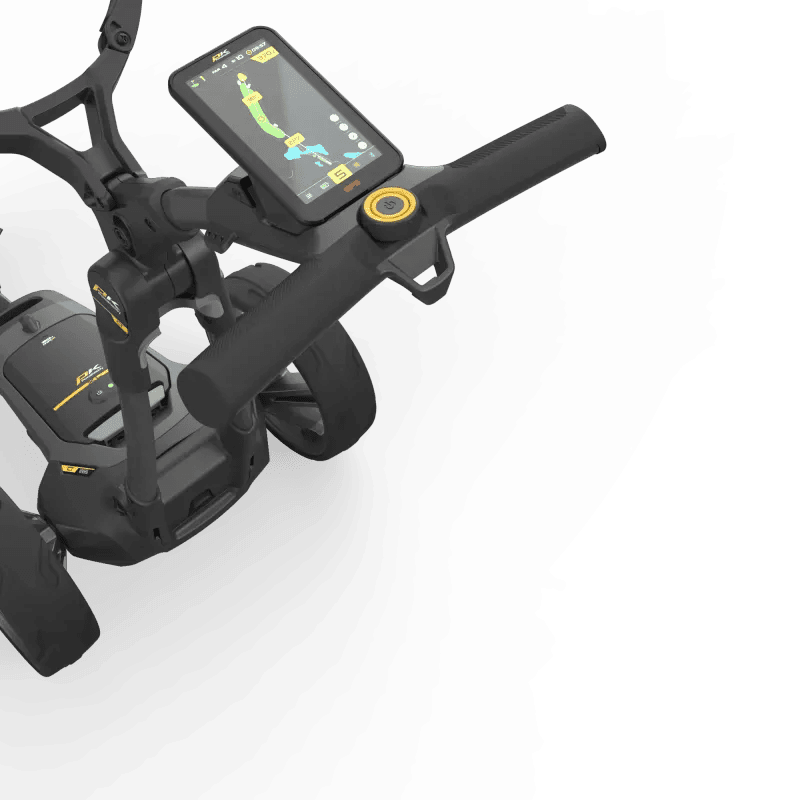 Schwarzer elektrischer Golftrolley mit Touchscreen-GPS-Steuerung und ergonomischem Griff.