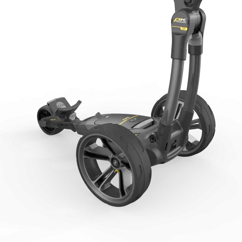 Schwarzer elektrischer Golftrolley CT12 GPS EBS XL Lithium mit großem Hinterrad und schwenkbarem Vorderrad.