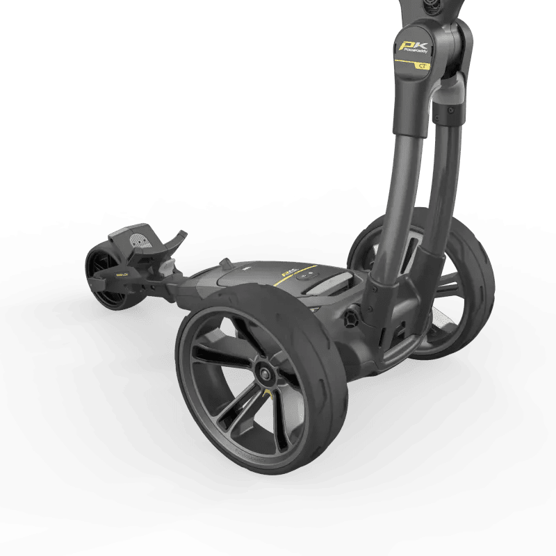 Schwarzer elektrischer Golftrolley CT12 GPS EBS XL Lithium mit großem Hinterrad und schwenkbarem Vorderrad.