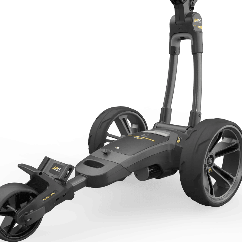 Schwarzer elektrischer Golftrolley CT12 GPS EBS XL Lithium mit großen Rädern und klappbarem Gestell.
