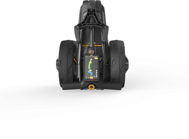 Schwarzer Golftrolley mit integriertem GPS-Display und Batteriepack, kompakte Bauweise.