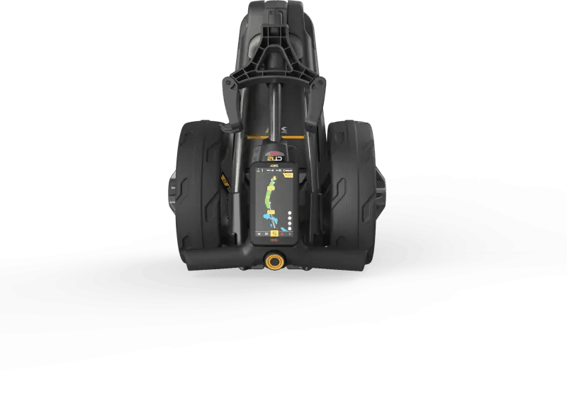 Schwarzer Golftrolley mit integriertem GPS-Display und Batteriepack, kompakte Bauweise.