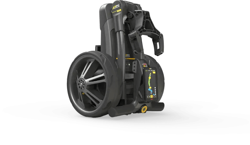 Kompakter schwarzer CT12 GPS EBS XL Lithium Golftrolley zusammengeklappt mit großen Rädern und integriertem Display.