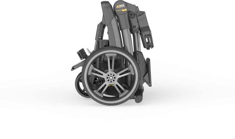 Faltbarer schwarzer Golftrolley CT12 GPS EBS XL mit großen silbernen Rädern und Lithiumakku.