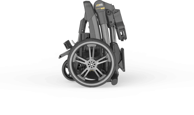 Faltbarer schwarzer Golftrolley CT12 GPS EBS XL mit großen silbernen Rädern und Lithiumakku.
