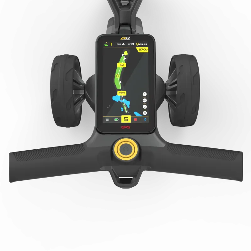 Golftrolley GPS-Display mit farbiger Kartennavigation und zwei großen schwarzen Rädern.