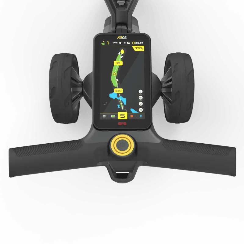 Golftrolley GPS-Display mit farbiger Kartennavigation und zwei großen schwarzen Rädern.