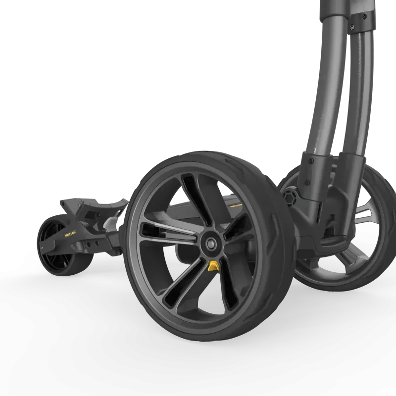 Golftrolley CT12 GPS EBS XL Lithium mit großen schwarzen Rädern und robustem Rahmen.