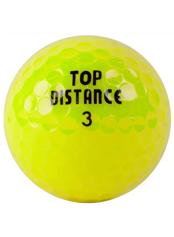 Gelber Golfball mit Prägung "Top Distance 3" und strukturiertem Dimple-Design.