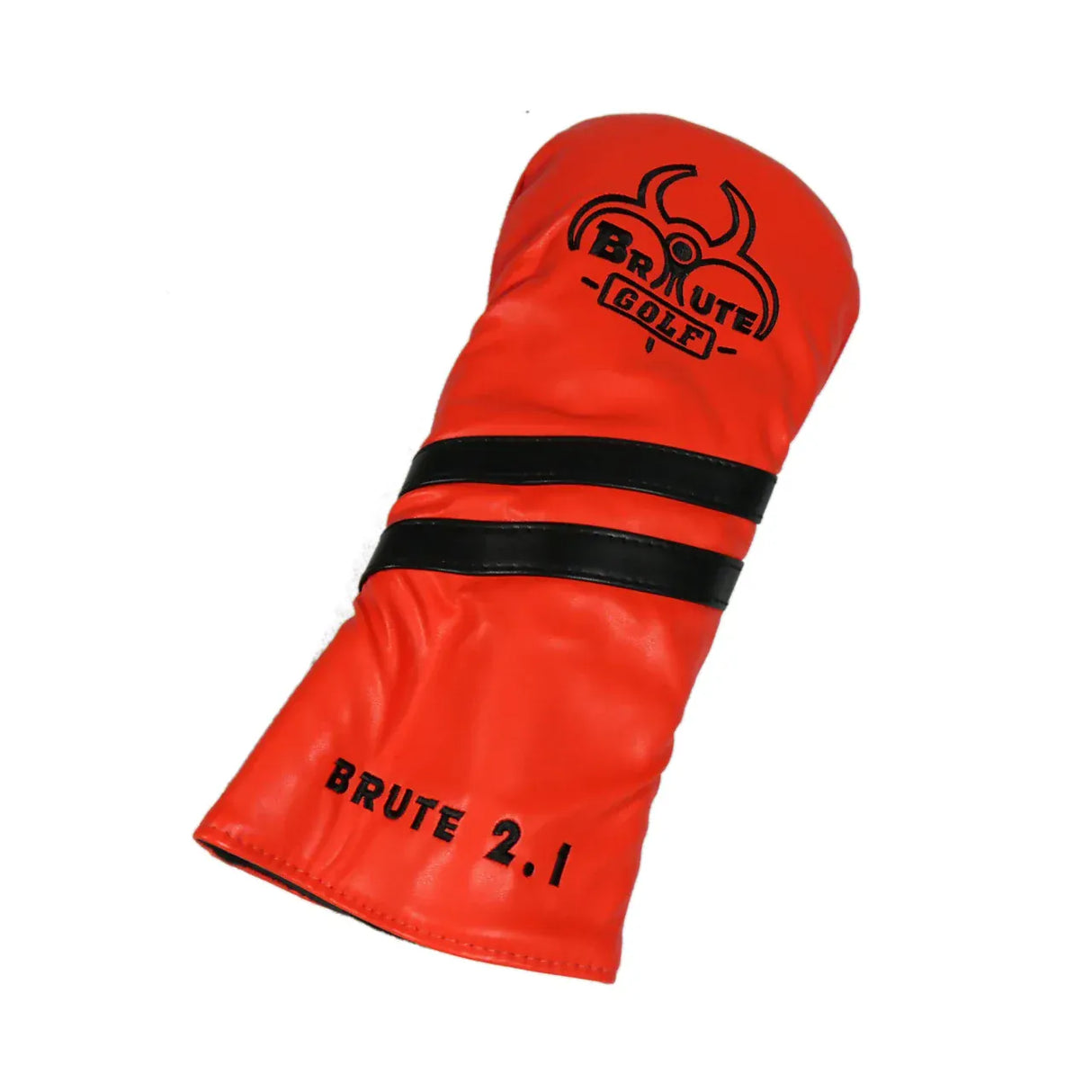 Roter Golf-Driver-Schlägerkopfbezug mit schwarzem Brute-Logo und zwei schwarzen Streifen, Modell Brute 2.1.