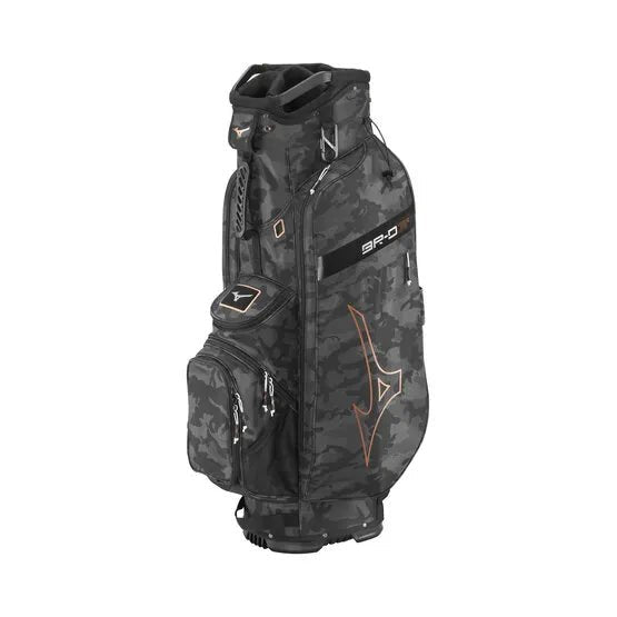 Schwarzes Camo Mizuno BR-D3 Golfcartbag mit mehreren Taschen und kupferfarbenen Akzenten.