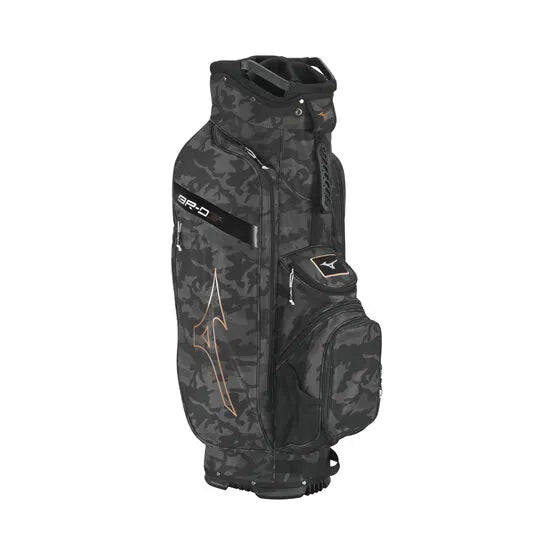 Schwarzer Camo-Mizuno BR-D3 Cart Golfbag mit Kupferakzenten und mehreren Taschen.
