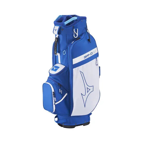 Blau-weißes Mizuno BR-D3 Cart Golfbag mit mehreren Fächern und Tragegriff.