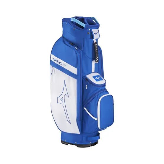 Blau-weißes Mizuno BR-D3 Cart Golfbag mit Logo und mehreren Außentaschen.