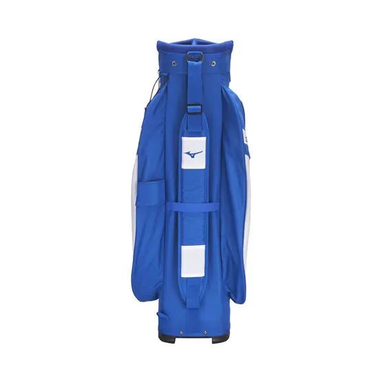 Blaues Mizuno BR-D3 Golfcartbag mit weißen Akzenten und mehreren Taschen.