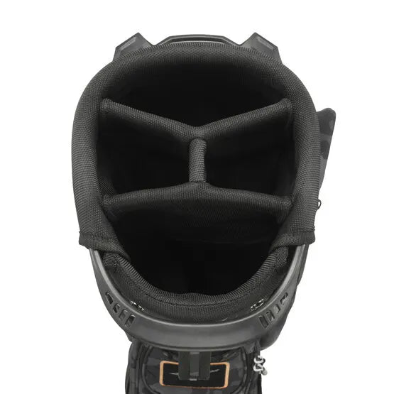 Schwarzes Mizuno BR-D3 25 Standbag mit vierfacher Clubteilung und Kupferakzenten.