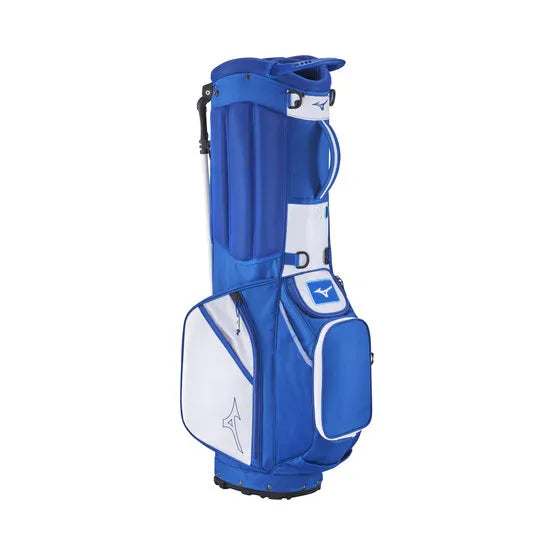 Blau-weißes Mizuno BR-D3 25 Staff Golf-Standbag mit mehreren Taschen und Tragegriff.
