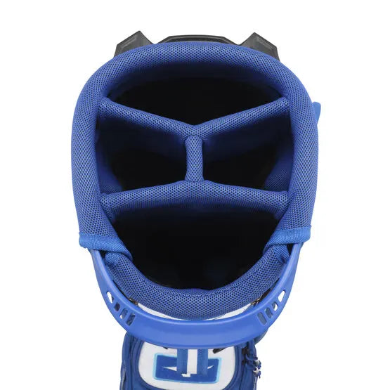 Blaues Mizuno BR-D3 25 Golf-Standbag mit 5-fach gepolstertem Schlägerfach in übersichtlichem Design.